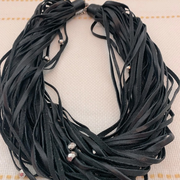 Black leather handmade necklace with silver beads - Picture 2 of 3